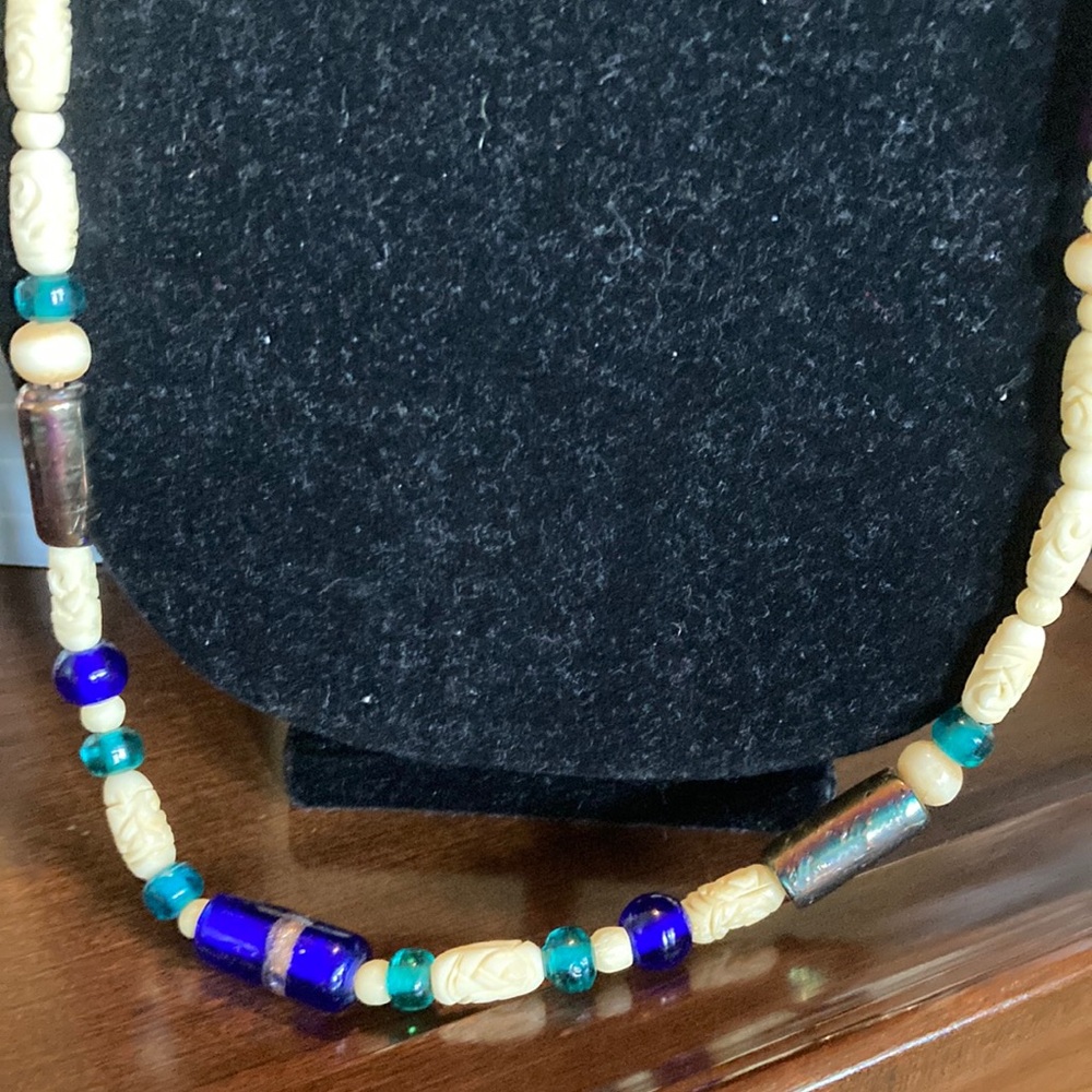 Handcrafted Cream and Blue Beaded Necklace